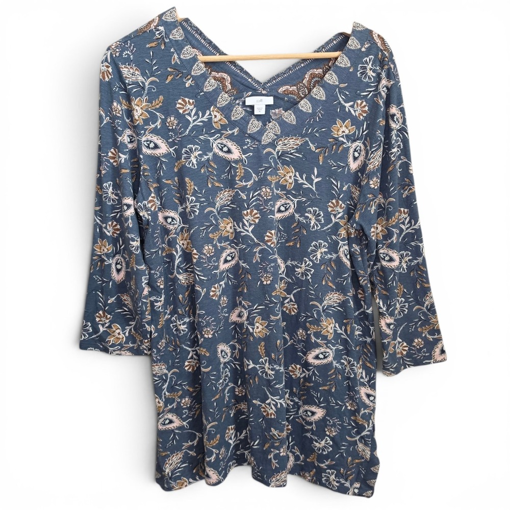 J Jill Top Womens Medium Blue Slub Knit Double V Neck Floral Print Tunic Casual